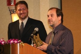 HWA President Joe Nassise looks on as I give my acceptance speech for the Stoker Award for first novel. Photo by Kevin Kenney