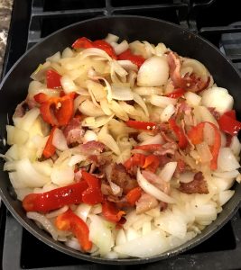 onions, peppers and bacon