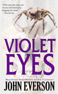 <center><strong>VIOLET EYES<br>(Samhain Publishing)<br>2013</strong><br>
Rachel thought that moving to the Everglades was the best way to escape her past...until the spiders came!<br>
<a href="https://www.johneverson.com/books/violet-eyes/">~ Read More ~</a></center> Violet Eyes by John Everson